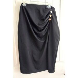 Hanna‎ Nikole Black Ruched Drape Midi Skirt Gold Button Detail Plus Size 22W
